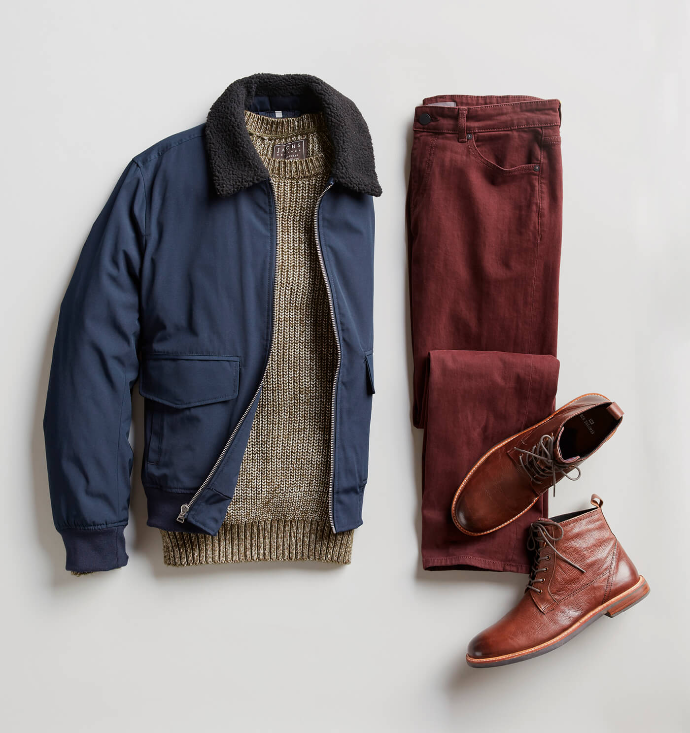 shearling bomber and maroon pants